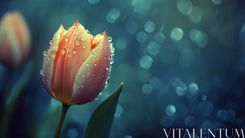 Tulip flower with water droplets under bokeh lighting