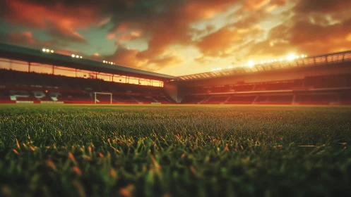 Sunlit football stadium field awaits a dramatic evening match