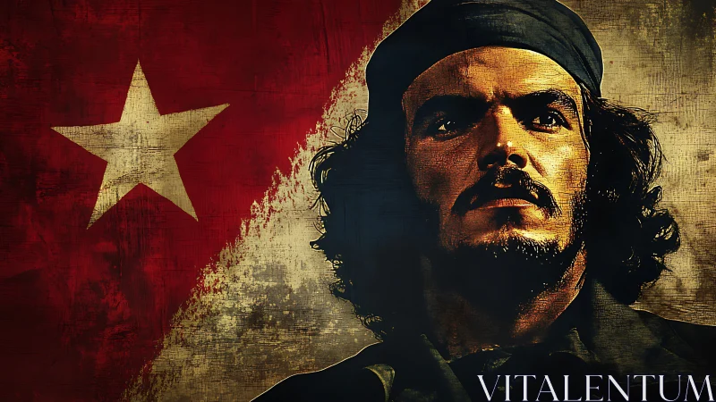 Bearded man in headband framed against distressed red flag