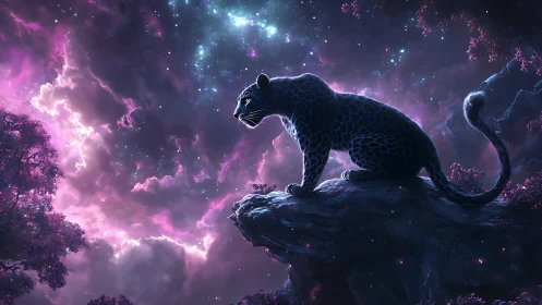 Leopard's Cosmic Vigil in a Starlit Sky.