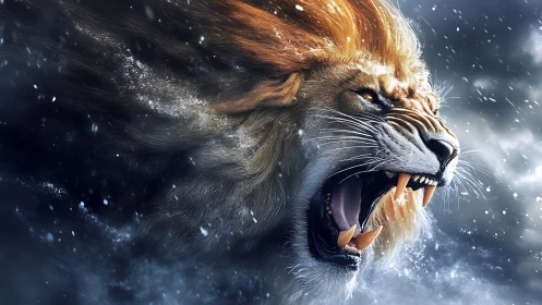 Roaring lion rides a storm of snow and swirling light