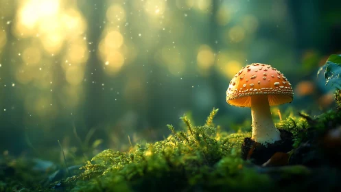 Single orange mushroom stands in soft forest backlight