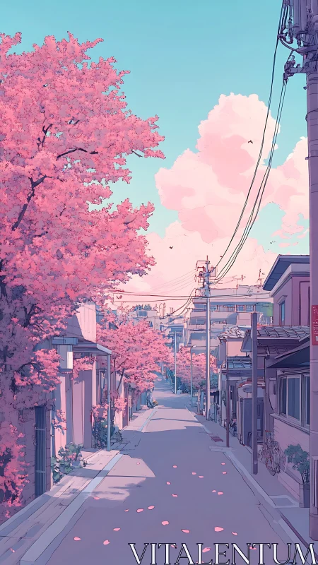 Silent cherry blossom street under pastel evening sky.