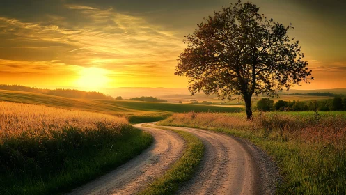 Gravel track curving through fields under low sunset sky.