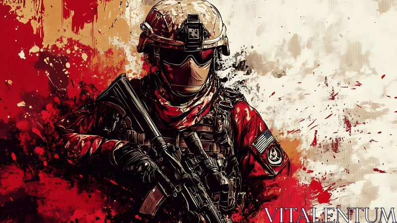 Armored soldier with rifle stands against splattered backdrop