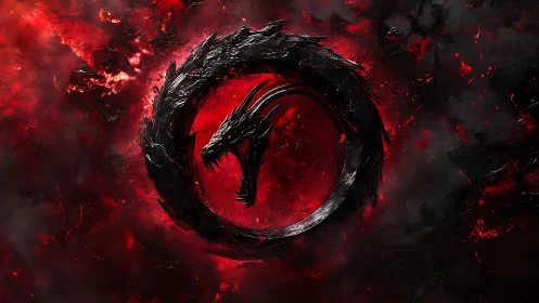 Circular obsidian dragon emblem coils in incandescent void