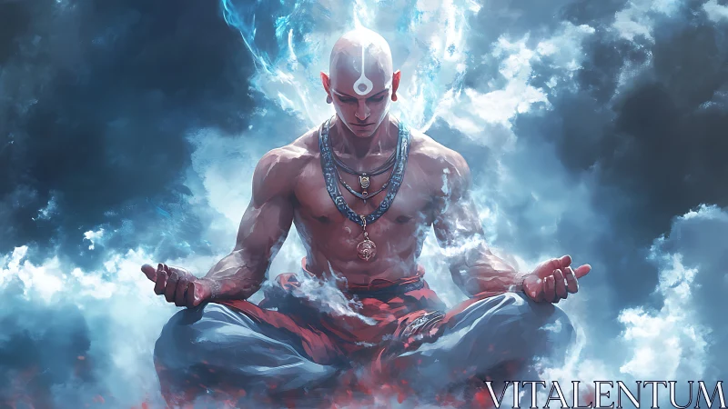 Bald male figure sits cross-legged amid cloudlike energy field