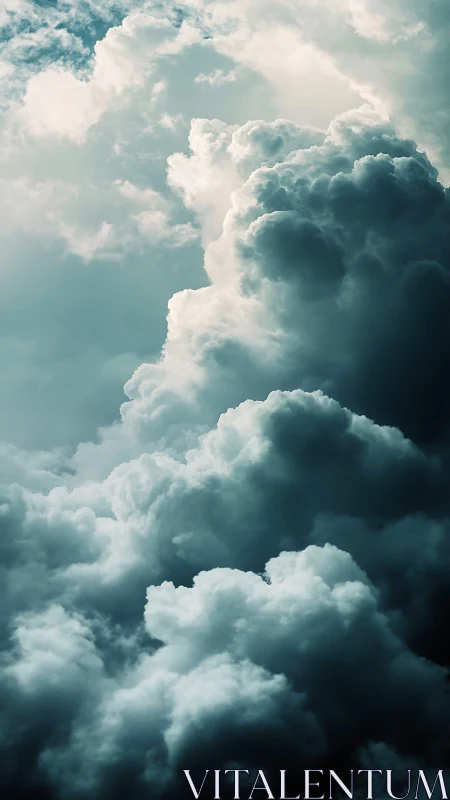 Stormlit cloud towers rising through a quiet turquoise sky.