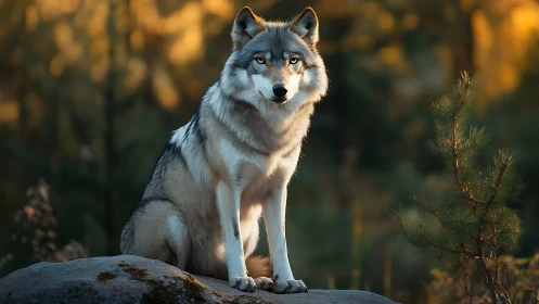 Grey wolf on forest rock in warm evening light, alert stance.