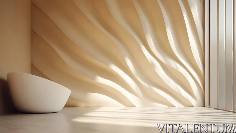 Minimalist white sculptural bowl in geometric 3D environment with layered architectural wall
