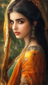 Side-profile digital portrait in ornate orange attire.