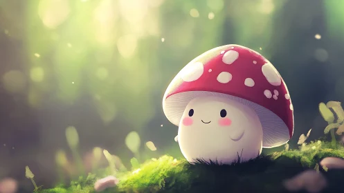 Cartoon mushroom character sits on moss in soft forest light