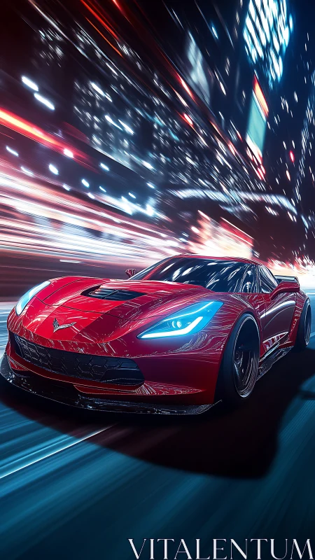 Sleek red sports car racing through glowing city lights.