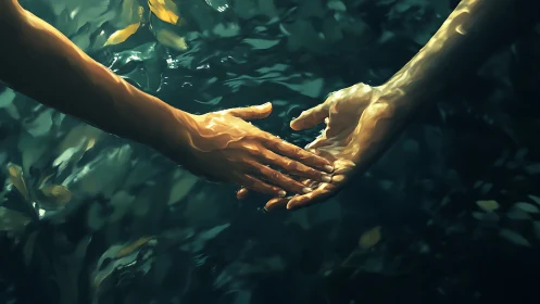 Luminous Hands Meet Beneath Twilit Waters.