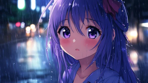 Starlit raindrops linger on a violet gaze in neon dusk