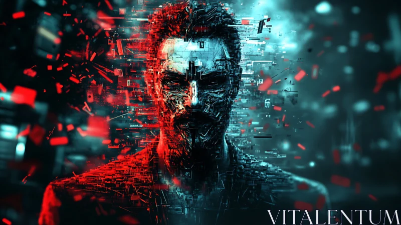 Glitchborn shadow in neon code storms of red and cyan shards.