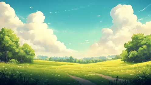 Digital painting pastoral meadow under towering cumulus clouds.