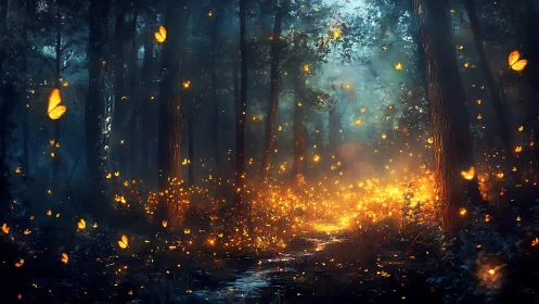 Luminous Butterflies Dance Through Twilight Forest.