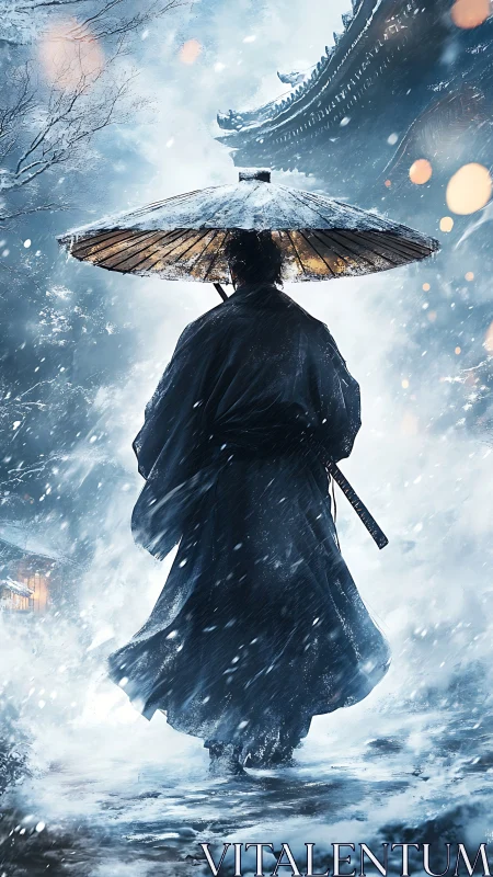 Lone samurai under snowbound umbrella in winter storm.