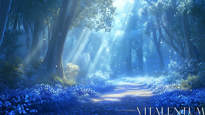 Luminous forest path with blue flowering ground cover