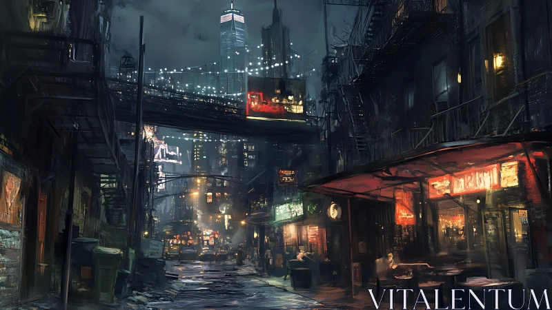 Moody neon city alleyway glowing with late night life.