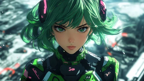 Green-haired mecha pilot with intense cyber gaze portrait.