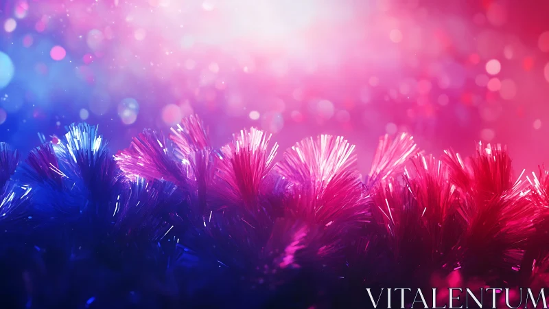 Neon tinsel forests shimmer under a dreamy festival sky