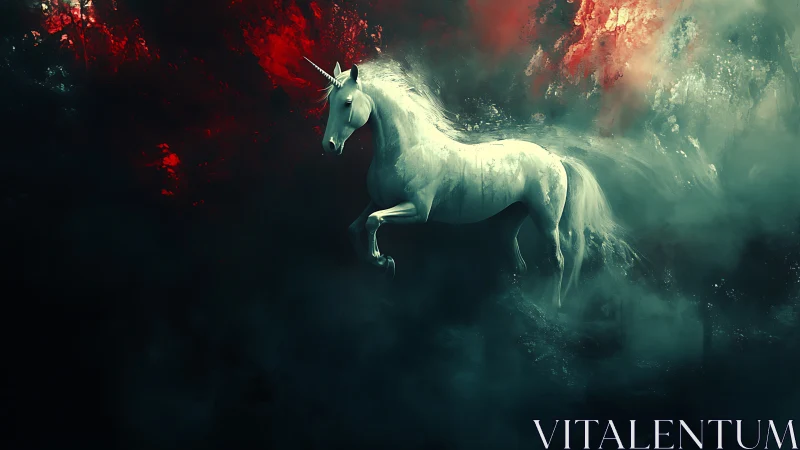 Luminescent unicorn emerges through crimson and teal nebula mist