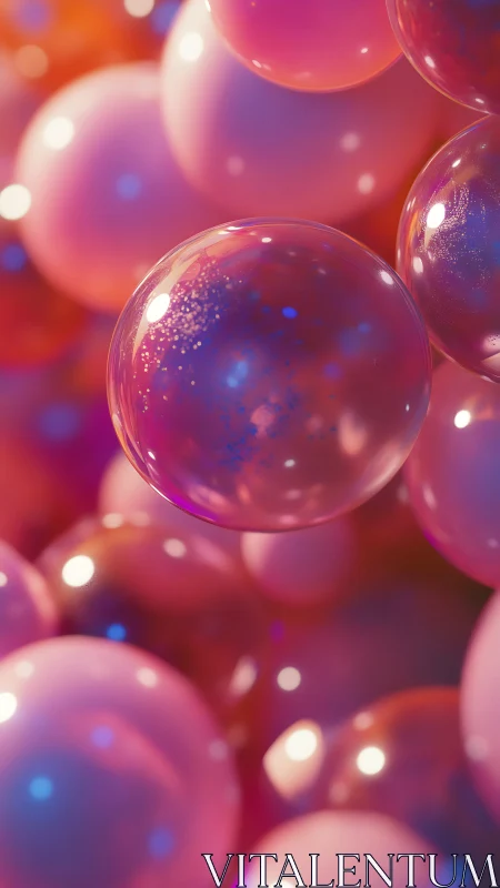 Translucent iridescent spheres in pink bokeh-lit macro cluster