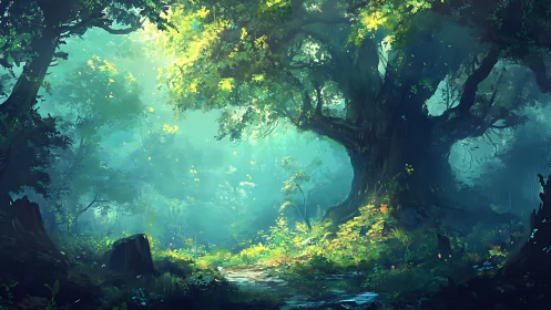 Luminescent Forest Canopy with Ancient Trees and Mystical Stream Lighting