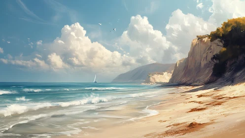 Sunlit coastal cliffs and rolling surf under sculpted clouds.