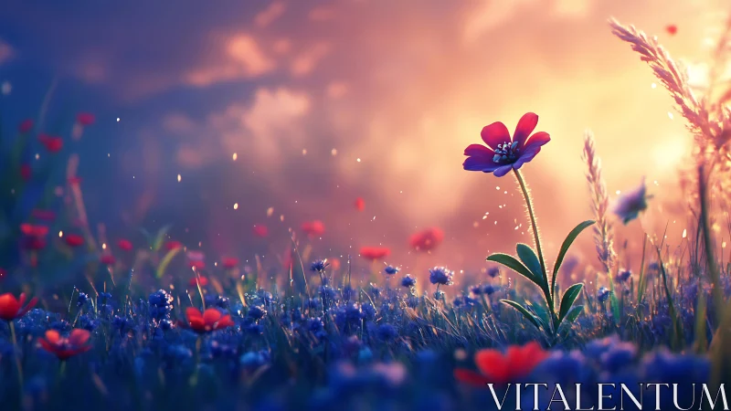 Lone ruby blossom greeting a pastel-sorbet sunrise sky.