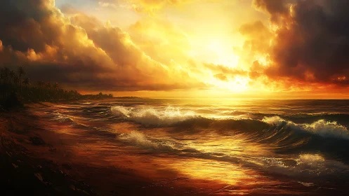 Golden surf at dusk washing the quiet tropical shoreline.