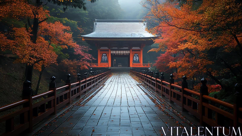 Bridge leading to traditional Japanese gate in autumn forest.