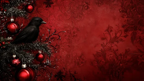 Nocturnal crow on baroque crimson yuletide boughs.