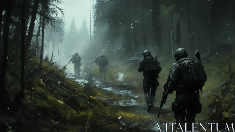 Armed soldiers advance through wet conifer forest path