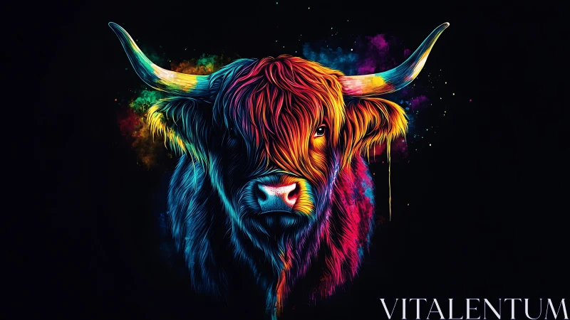 Vivid neon highland bull portrait radiates bold energy.