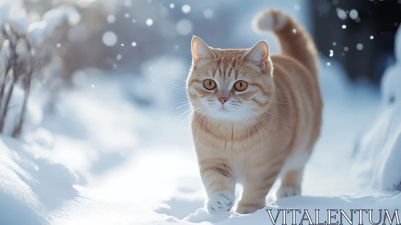 Ginger and white cat walking through snowy landscape.