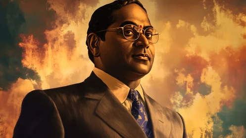 Portrait of suited man stands before glowing painted sky