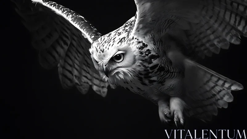 Majestic Owl in Flight, Dramatic Black and White Wildlife Portrait.