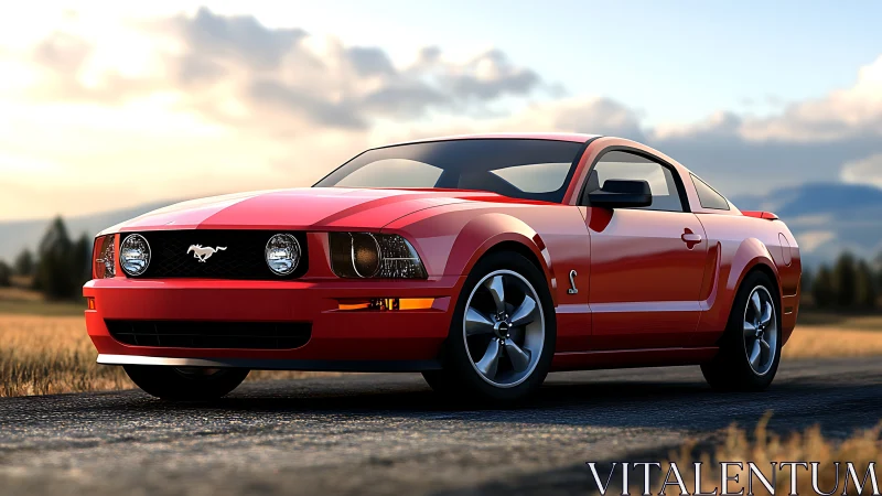 Red coupe muscle car on rural road at golden hour light