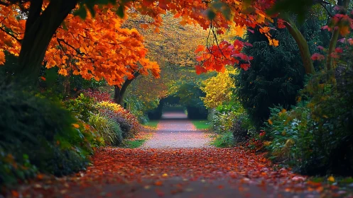 Inviting autumn garden pathway glowing with cozy color.