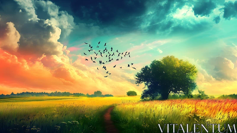 Vibrant countryside meadow under dramatic chromatic sky.