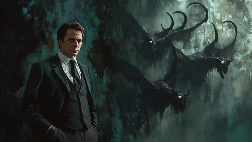 Gentleman in the dark facing his restless shadow creatures.