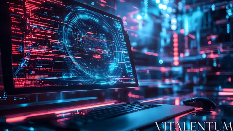 Holographic cybersecurity interface glows on a neon workstation