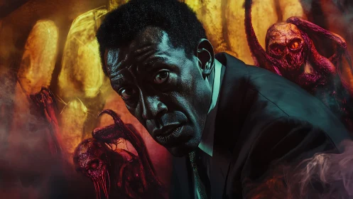 Businessman besieged by infernal creatures in vivid neon horror.