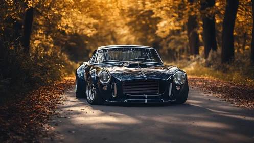 Classic sports car glides along a golden autumn forest road.
