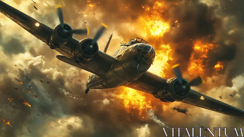 Four engine WWII bomber diving through fireball blast cloud