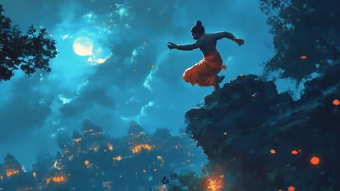 Lunar-lit warrior poised above incandescent temple citadel.