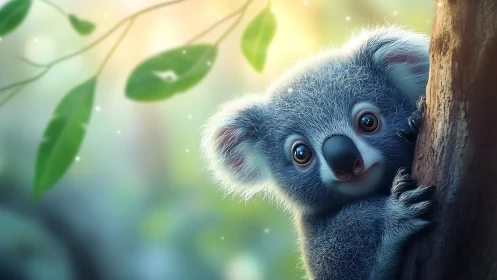Cute baby koala clinging to tree in soft forest light.